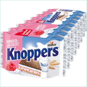 Knoppers 8 szt. – chrupiący wafel z kremem jogurtowym o smaku malinowym DE